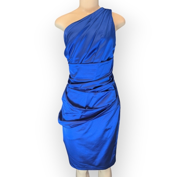 David's Bridal One Shoulder Asymmetrical Ruched Horizon Blue Cocktail Dress 16 - Picture 13 of 16